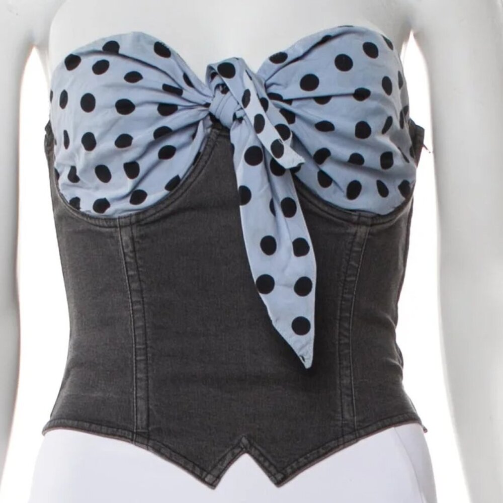 Moschino Jeans Denim Bustier Halter Top IT44 USA 10 Large POLKA DOT BOW TIE